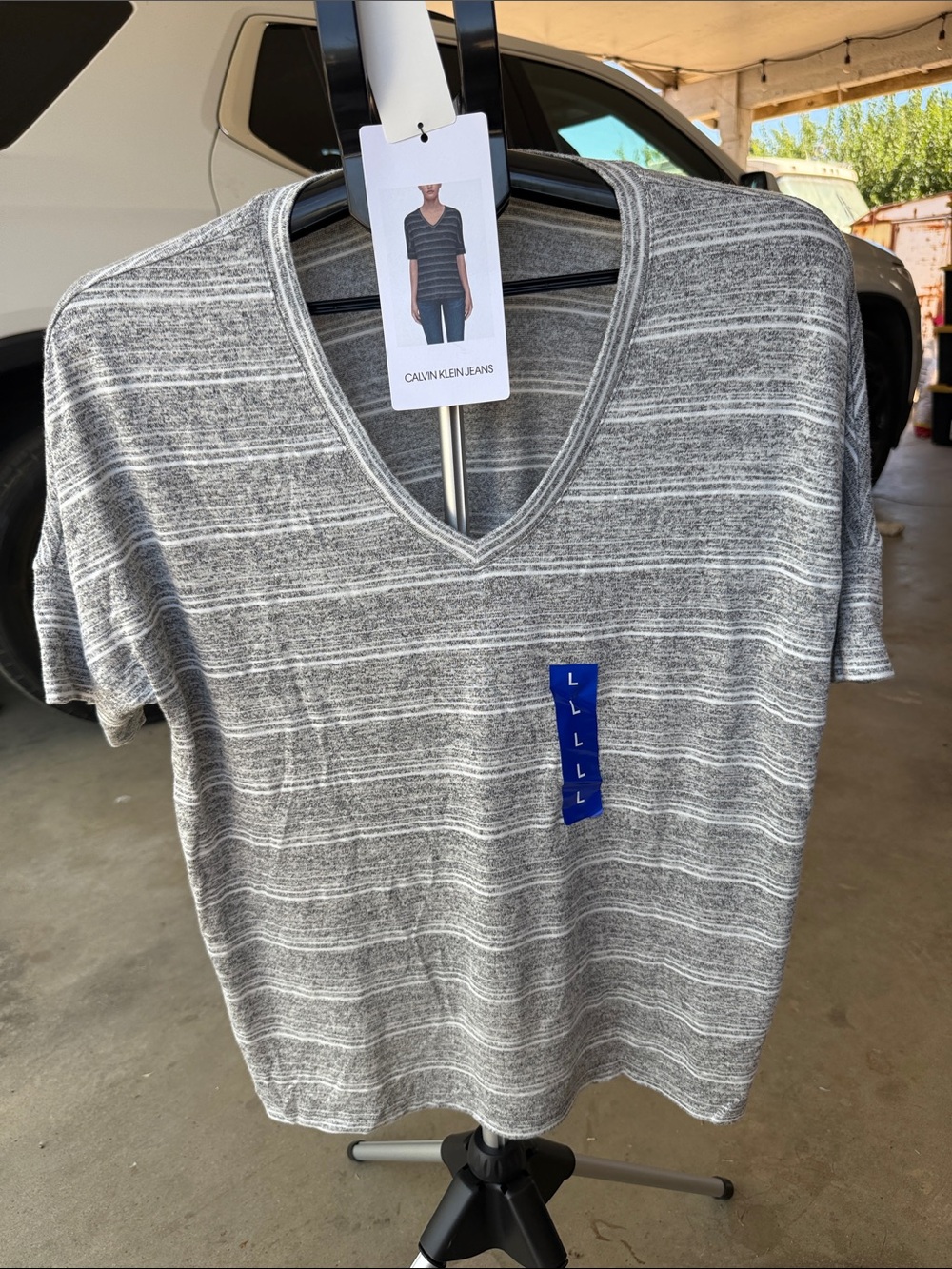 Calvin Klein Jeans Gray & White Striped V-Neck Tee